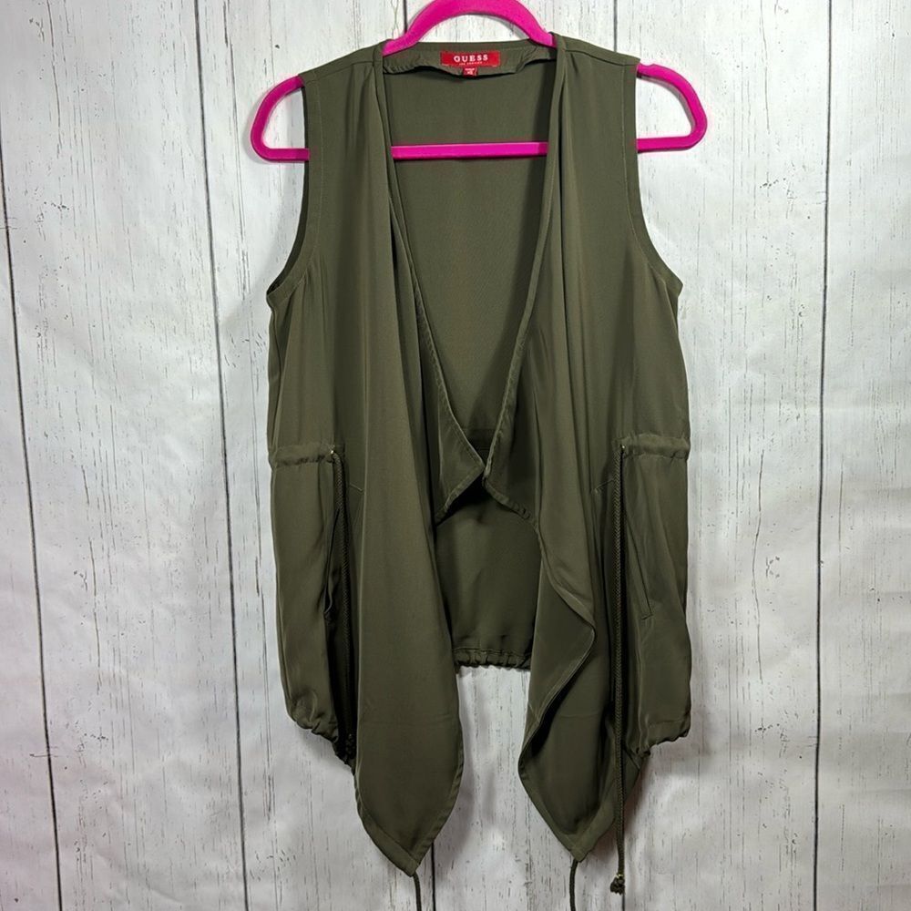Guess Sleeveless Army Green Draped Drawstring V Neck Pockets Casual Flowy Vest